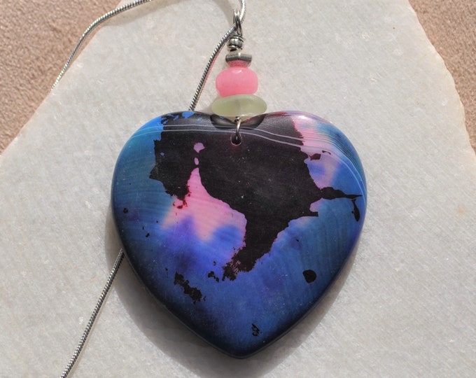 Onyx Agate Necklace Pendant, Gorgeous Large Patterned Heart, Genuine Sea Glass Accent, Faceted Pink Jade Gemstone, Sterling Chain Incl. B284