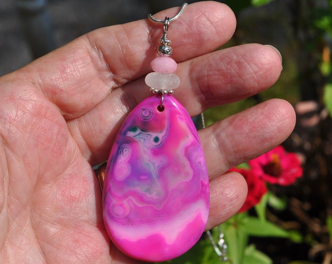 Onyx Agate Necklace Pendant, Lovely Large Pink Swirls, Genuine Sea Glass Accent, Faceted Pink Jade Gemstone, Sterling Chain Included B266