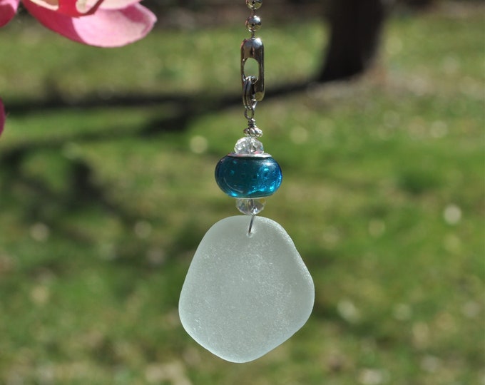 Decorative Fan Pull, Genuine Sea Glass, Ceiling Light Pull, Sun Catcher, Frosty Light Seafoam Drop 589, Lamp Pull, Beaded Pull, Coastal Gift