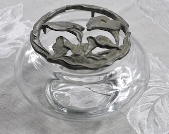 Vintage Seagull Pewter Topped Potpourri Glass Dish 4.5"x 3" Calla Lily Free Ship