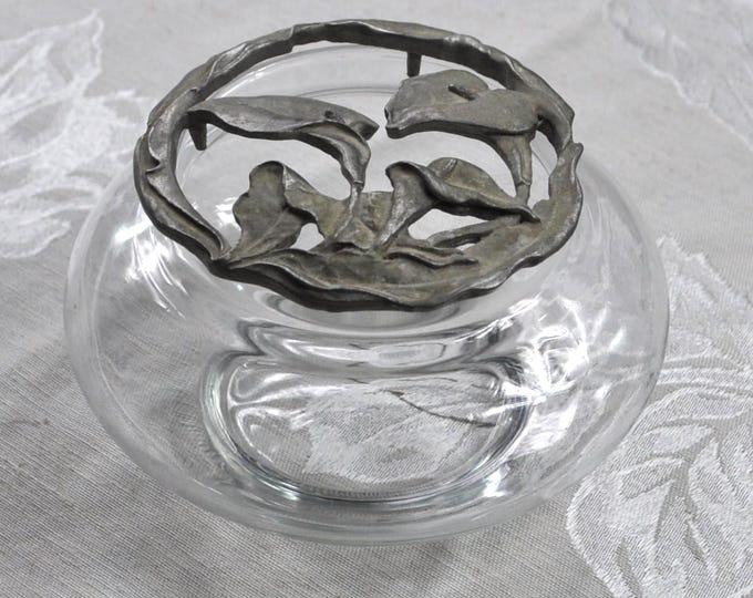 Vintage Seagull Pewter Topped Potpourri Glass Dish 4.5"x 3" Calla Lily Free Ship