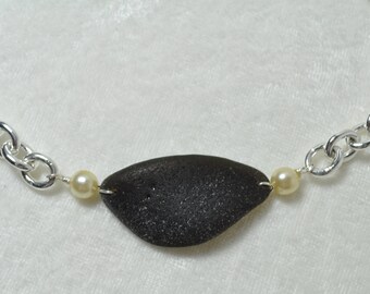 Sea Glass Jewelry Beach Necklace Heavy Sterling Silver Chain and City Black Dark Green with Pearls Free Shipping 5749