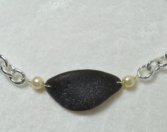 Sea Glass Jewelry Beach Necklace Heavy Sterling Silver Chain and City Black Dark Green with Pearls Free Shipping 5749