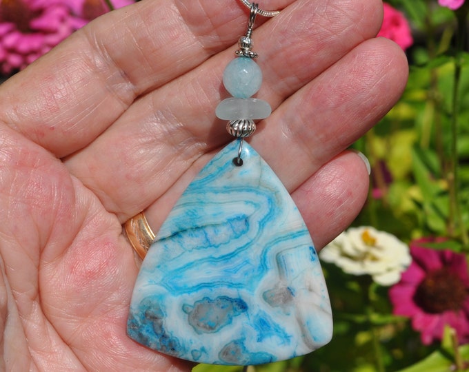 Stone Pendant, Lace Agate Necklace, Blue Triangular Rock, Genuine Sea Glass Accent, Aquamarine Gemstone Bead, Sterling Chain Included B220