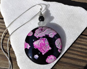 Dream Fire Onyx Agate Necklace Pendant, Large Black and Rose, Genuine Sea Glass Accent, Black Onyx Gemstone, Sterling Chain Included B54