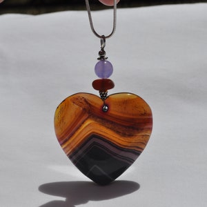 Rock Necklace, Onyx Agate Pendant, Large Brown Striped Heart, Genuine Sea Glass Accent, Alexandrite Gemstone, Sterling Chain Included B61