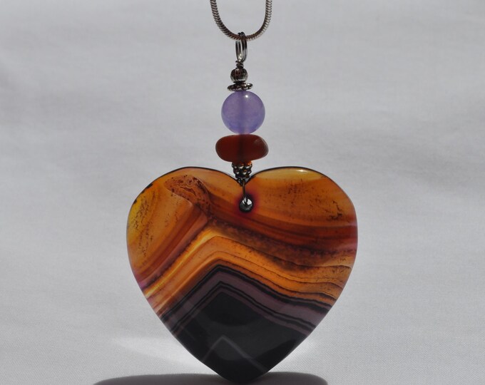 Rock Necklace, Onyx Agate Pendant, Large Brown Striped Heart, Genuine Sea Glass Accent, Alexandrite Gemstone, Sterling Chain Included B61