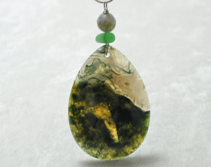 Green Moss Agate Pendant Necklace, Large Teardrop, Genuine Sea Glass Accent, Faceted Jasper Gemstone, Sterling Chain Included B371