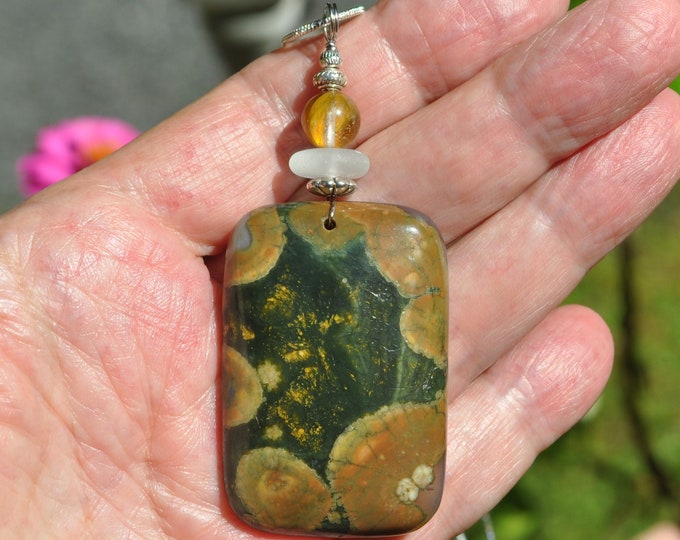 Rock Necklace, Kambala Jasper Pendant, Natural Rectangular Stone, Genuine Sea Glass Accent, Tourmaline Gemstone, Sterling Chain Incl. B122