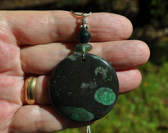 Sea Coral Fossil Pendant Necklace, Large Round, Genuine Sea Glass Accent, Faceted Green Beryl Gemstone, Sterling Chain Included B193