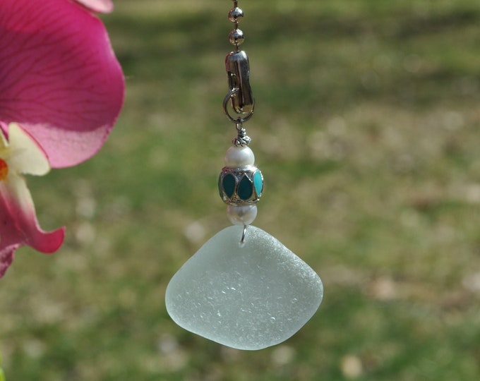 Decorative Fan Pull, Genuine Light Blue Sea Glass, Ceiling Light Pull, Sun Catcher, Frosty Drop 818, Lamp Pull, Beaded Pull, Beach Gifts