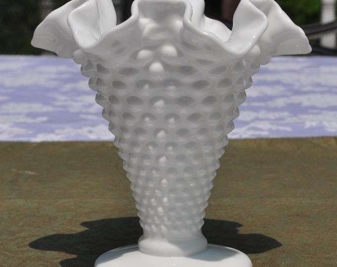 Small Fenton Folded Hobnail Pedestal Vase White Milk Glass w/ Ruffled Edge 5 3/8" tall Vintage Free Ship