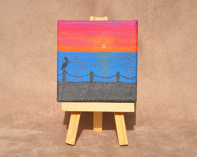 Dock at Sunset Miniature Painting with Easel Mini Canvas Fine Art Ornamental Table Accent Original Acrylic Painting Free Shipping