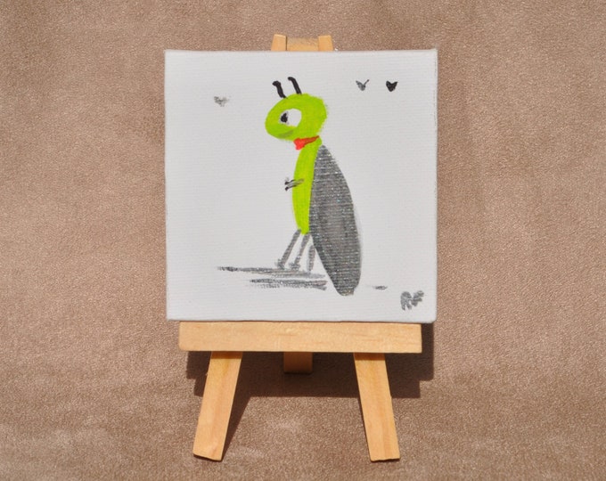 Mr. Happy Bug Miniature Painting with Easel Mini Canvas Fine Art Ornamental Table Accent Original Acrylic Painting Free Shipping