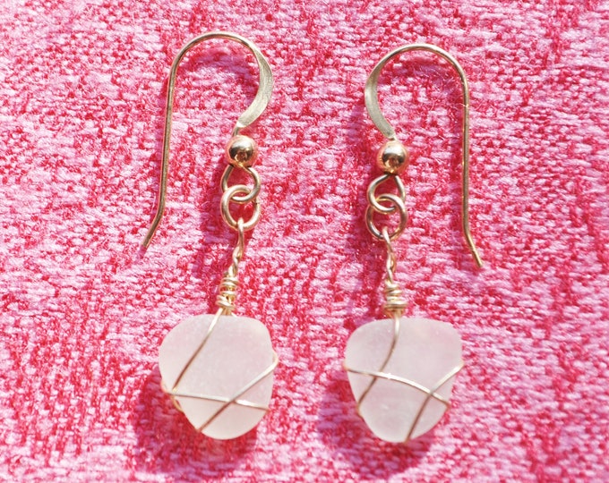 Sea Beach Glass Jewelry Bright White 14k Gold Filled Wire Wrapped Charm Earrings 14k Gold Filled 1137 Free Shipping Stocking Stuffer