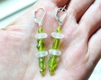 Sea Glass Jewelry Beach Earrings Lime Green & White Genuine Sea Glass Earrings Beaded Sterling Silver Lime Green Beads Free Shipping 3698