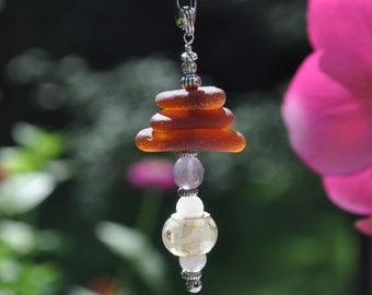 Decorative Fan Pull, Genuine Sea Glass, Ceiling Fan Pull, Light Pull, Suncatcher, Brown Stack 628, Lamp Pull, Bead Pull, Unique Beach Gift 