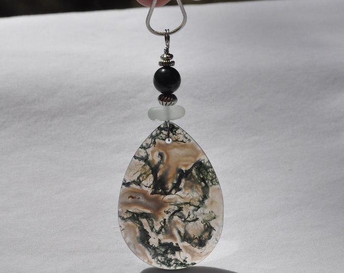 Green Moss Agate Pendant Necklace, Large Teardrop, Genuine Sea Glass Accent, Green Agate Gemstone, Sterling Chain Included B35