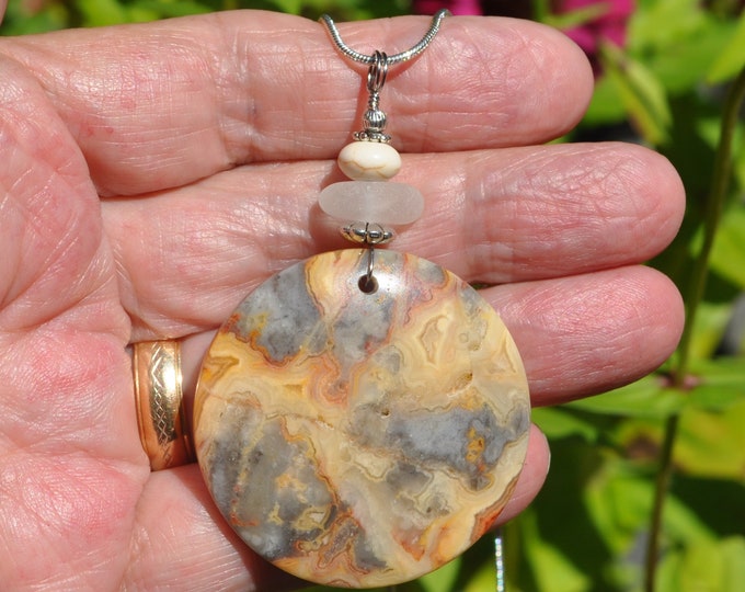 Lace Agate Necklace Pendant, Large Round, Genuine Sea Glass Accent, White Turquoise Gemstone, Sterling Chain Included B199