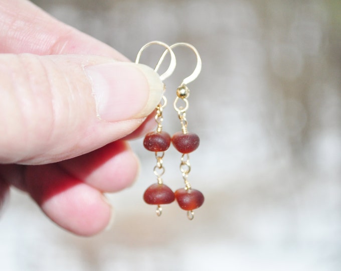 Sea Glass Jewelry Beach Earrings Dew Drops in Rootbeer Double Drop 14K Gold Filled 6548