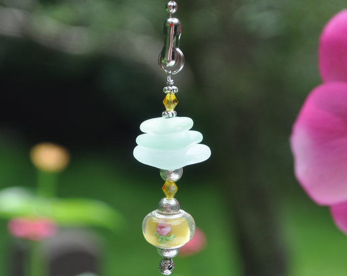 Coastal Lamp Pull, Genuine Sea Glass, Ceiling Fan Pull, Light Pull, Suncatcher, Frosty Seafoam Mix Stack 522, Beach Gift, Lamp Pull, Beaded