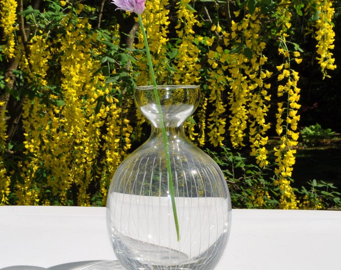 Crystal Carafe Vase Hand Etched Vertical Stripes Harrison McIntosh Mikasa 7" x 4" Vintage Free Ship