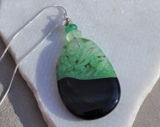 Stone Necklace, Onyx Geode Agate Pendant, Large Green and Black, Genuine Sea Glass Accent, Emerald Gemstone, Sterling Chain Included B333