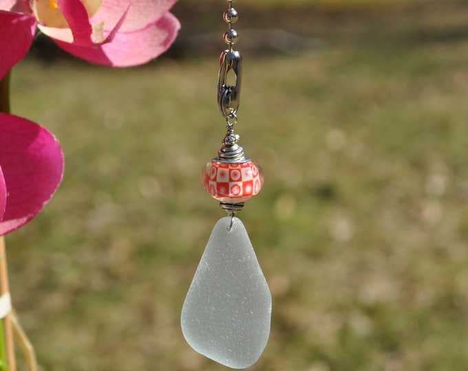 Decorative Fan Pull, Genuine Sea Glass, Ceiling Light Pull, Sun Catcher, Frosty Light Seafoam Drop 562, Lamp Pull, Beaded Pull, Beach Gifts