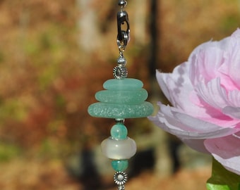 Ceiling Fan Pulls, Genuine Sea Glass, Light Pulls, Decorative Suncatcher, Frosty Blue Varied Mix Stack 828, Beaded Pull Unique Sun Catcher