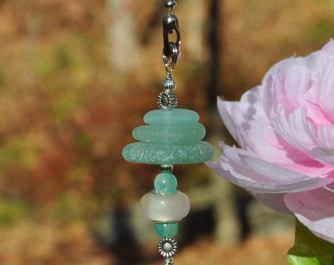 Ceiling Fan Pulls, Genuine Sea Glass, Light Pulls, Decorative Suncatcher, Frosty Blue Varied Mix Stack 828, Beaded Pull Unique Sun Catcher