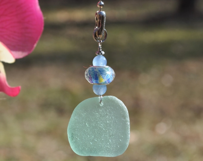 Decorative Fan Pull, Genuine Sea Glass Ceiling Light Pull, Sun Catcher, Frosty Bright Seafoam Drop 529, Lamp Pull, Beaded Pull