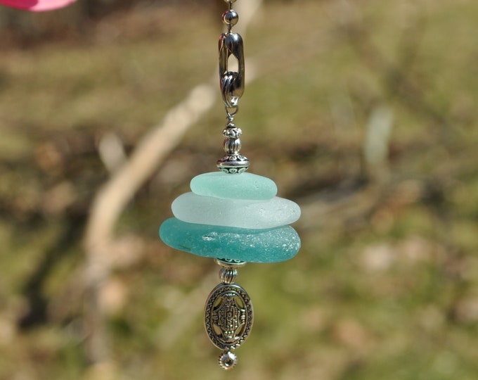 Ceiling Fan Pulls, Genuine Sea Glass, Light Pulls, Decorative Suncatcher, Frosty Blue Varied Mix Stack 803, Beaded Pull Unique Sun Catcher