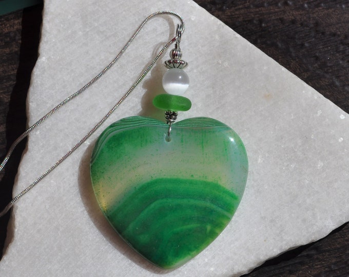 Onyx Agate Necklace Pendant, Large Green Heart, Genuine Sea Glass Accent, Opalite Gemstone, Sterling Chain Included B65