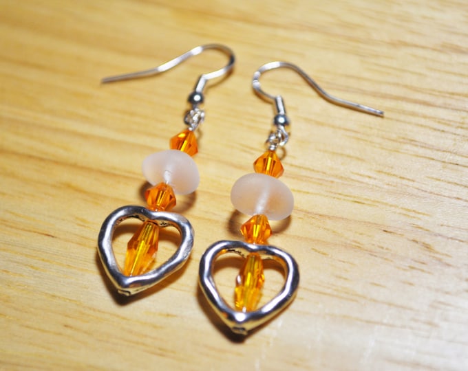 You're All Heart Genuine Sea Glass Jewelry Beach Earrings with Crystals and Heart Beach Glass Heart Orange Earrings Free Shipping 5295