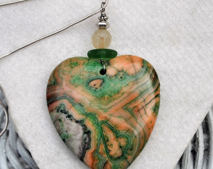 Lace Agate Necklace Pendant, Large Patterned, Genuine Sea Glass Accent, Faceted Tourmaline Gemstone, Sterling Chain Included B365