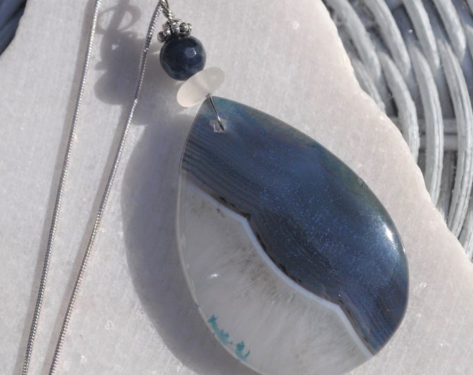 Stone Necklace, Onyx Geode Agate Pendant, Large Blue Drop, Genuine Sea Glass Accent, Ink Blue Apatite Gemstone, Sterling Chain Included B357