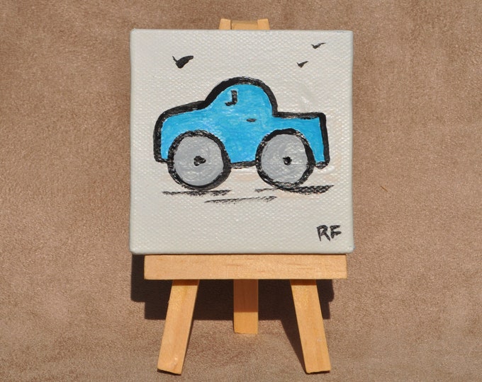 Vintage Car Painting, Whimsical Car Collection, Miniature Canvas with Easel, Mini Car Art,  Blue Truck Original Acrylic, Auto from Past