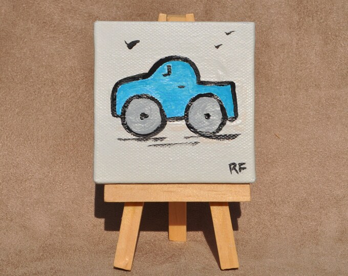 Vintage Car Painting, Whimsical Car Collection, Miniature Canvas with Easel, Mini Car Art,  Blue Truck Original Acrylic, Auto from Past