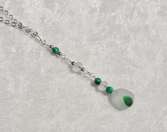 Genuine Sea Glass Jewelry Beach Necklace Shorty Drop w/ Crystals Sterling Silver Beads Sterling Chain Malachite Gemstones Free Ship 5154