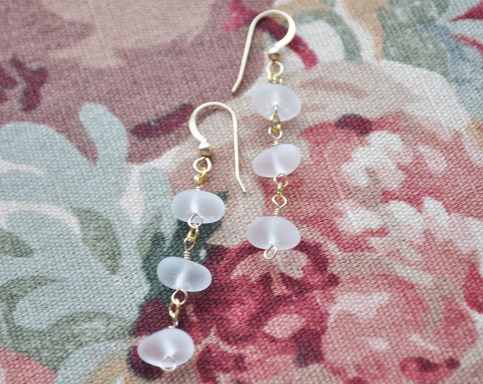 Beautiful Genuine Sea Glass Triple Dew Drop Earrings in White 14k Gold Filled 7892