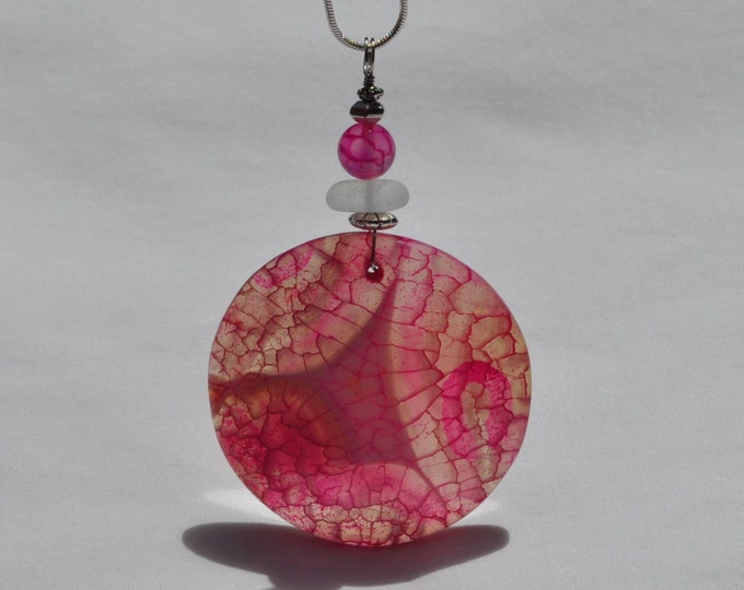 Rock Necklace, Pink Dragon Veins, Fire Agate Pendant, Bright Round, Genuine Sea Glass Accent, Agate Gemstone, Sterling Chain Included B78