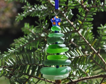 Sea Glass Christmas Tree Ornament, Delightful Stocking Stuffer, Unique Gift, Holiday Package Decor, Genuine Odd Green Mix and Dark Blue Star
