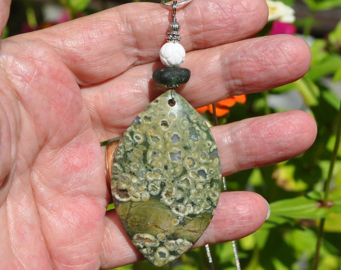 Green Jasper Necklace Pendant, Large Natural Marquise, Genuine Sea Glass Accent, Carved Coral Gemstone, Sterling Chain Included B143