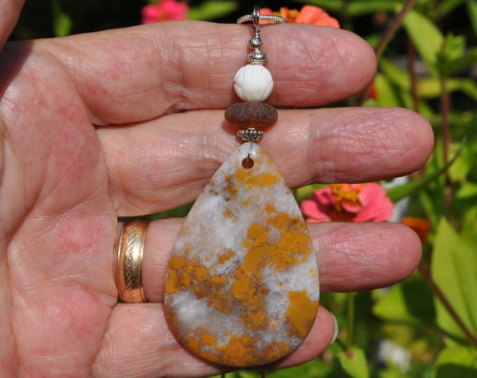 Dream Fire Agate Pendant Necklace, Large Yellow & White Teardrop, Genuine Sea Glass Accent, Carved White Coral, Sterling Chain Included B267