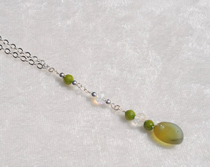 Genuine Sea Glass Jewelry Beach Necklace Shorty Drop w/ Crystals Sterling Silver Beads Sterling Chain Peridot Gemstones Free Ship 9624