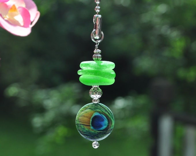 Fan Chain Pull, Genuine Sea Glass, Ceiling Fan Pull, Light Pull, Sun Catcher, Frosty Green Stack 468, Lamp Pull, Beaded Pull, Unique Gifts