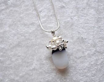 Sea Glass Jewelry Clustered Necklace Blue and White Art Glass and Pearls 8854