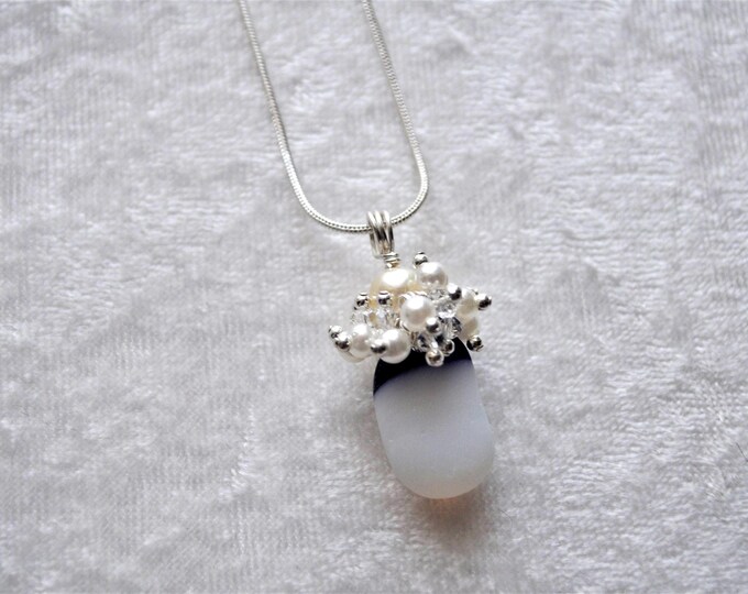 Sea Glass Jewelry Clustered Necklace Blue and White Art Glass and Pearls 8854