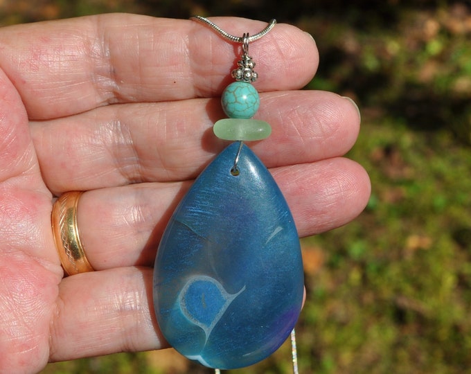 Onyx Agate Pendant Necklace, Large Blue and Green Waterdrop, Genuine Sea Glass Accent, Turquoise Gemstone, Sterling Chain Included B297