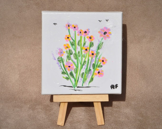 Forever Bouquets Garden Plot Glory Miniature Painting with Easel Mini Canvas Fine Art Ornamental Table Accent Original Acrylic Painting